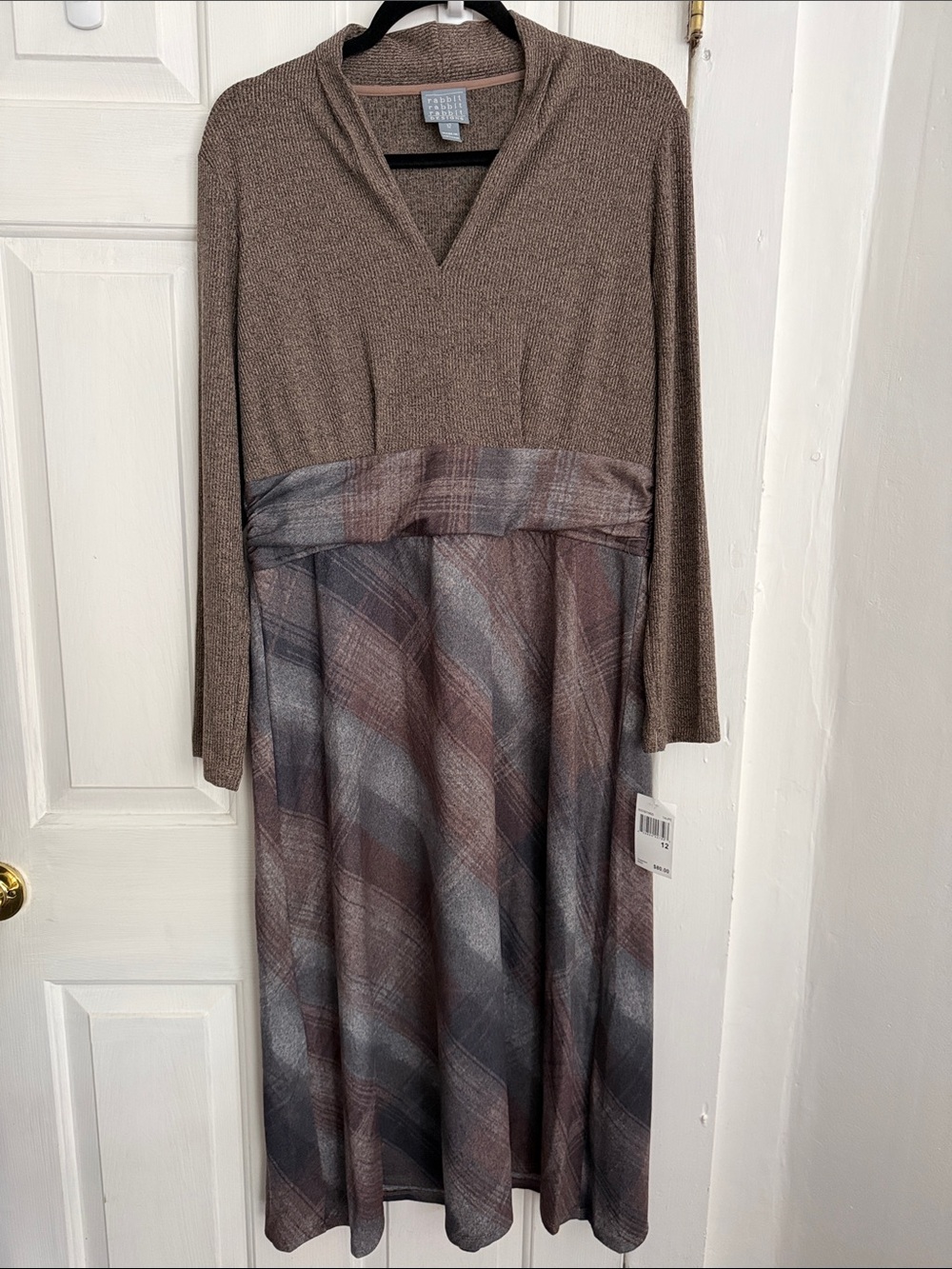 Rabbit Rabbit Rabbit Taupe V-Neck Sweater with Plaid Panel - Picture 2 of 5